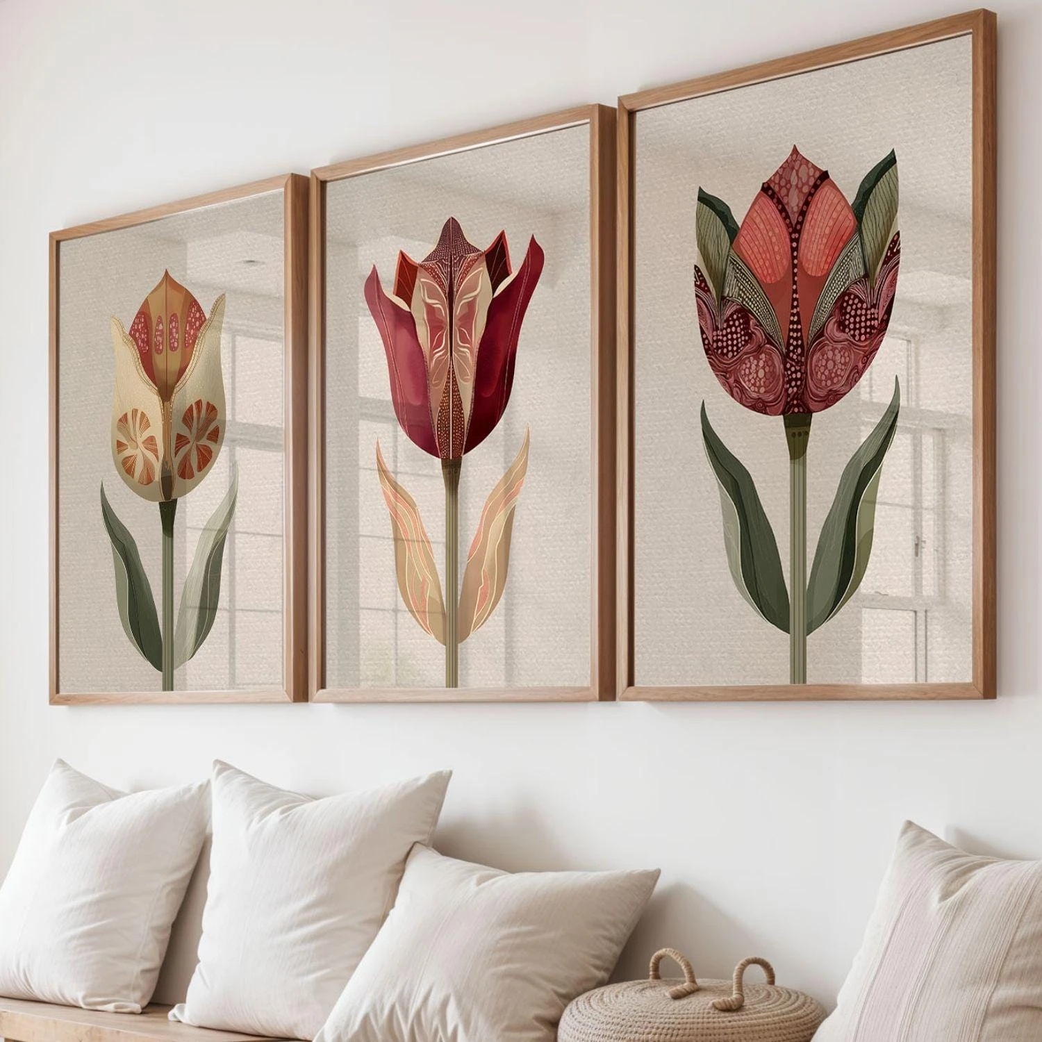 3PCS frameless decorative art print,Boho Folk Tulip Wall Art Set, Neutral Burgundy Beige Patchwork Floral Canvas Prints, Minimal