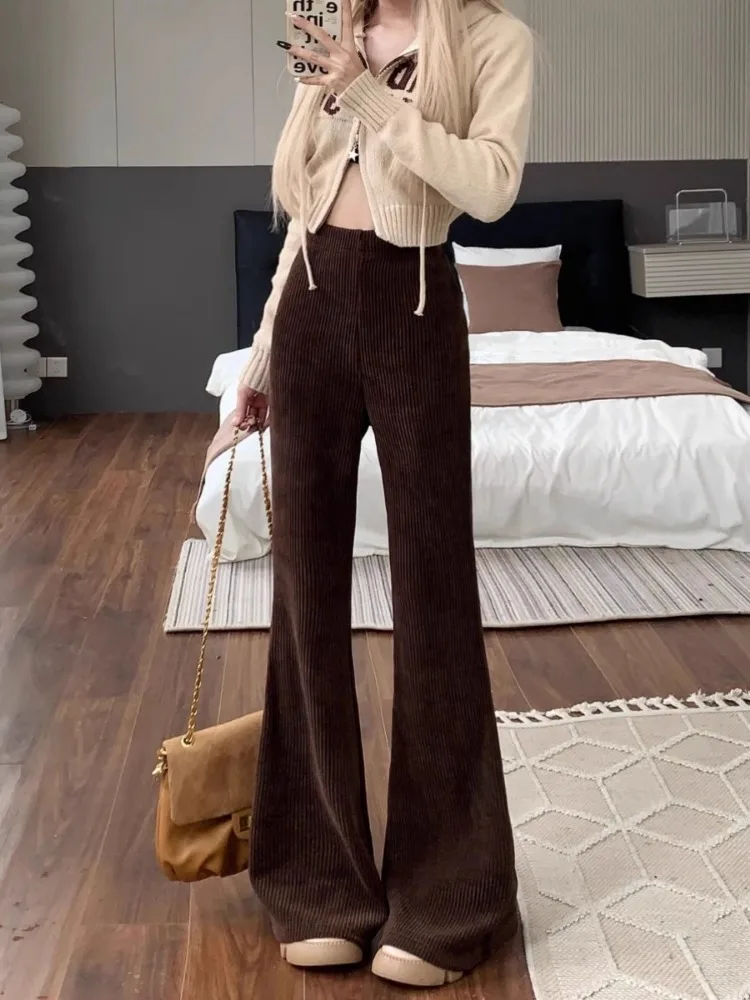 Solid Corduroy Flare Pants Women Drape Slender Slimming Elastic Waist Designed Korean Fashion Retro Leisure Daily All-match Soft