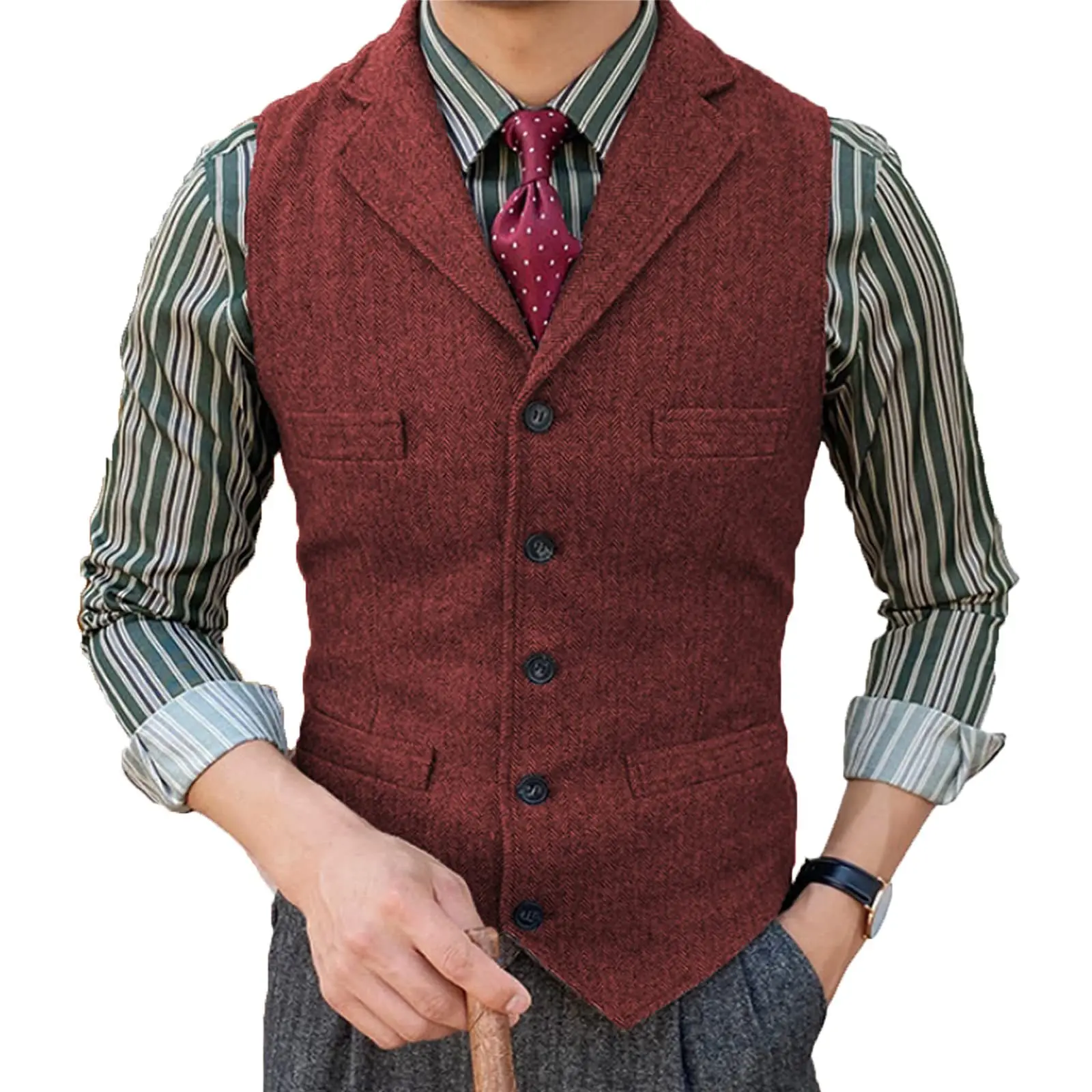 Mens Suit Vest Lapel V Neck Wool Herringbone Casual Formal Business Vest Waistcoat Groomman For Wedding