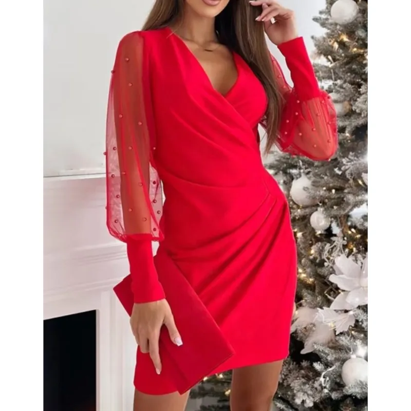 Elegant Dresses For Women Autumn Winter 2025 New Black V-neck Lace Wrapped Hip Waist Dresses Fashion Female Party Mini Vestidos
