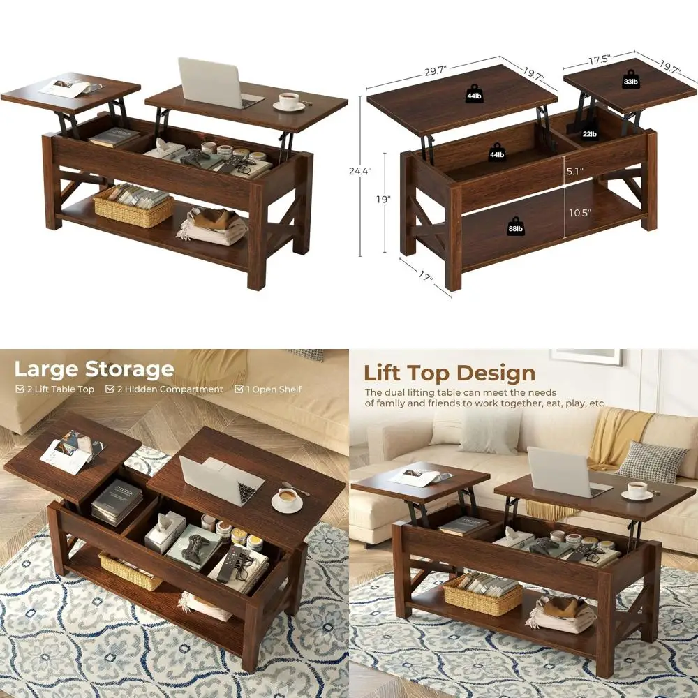 طاولة قهوة على طراز المزرعة باللون الأسود، 47.2 سطح رفع ثنائي الاتجاه مع مساحة تخزين ورف