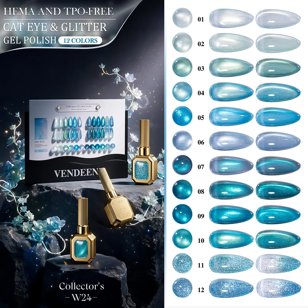 Vendeeni 12 Colors/Set Glacier Blue Crystal Cat Eye Gel Nail Polish UV Magnetic Dreamy Sea Blue Cat Eye Gel Varnish With Display