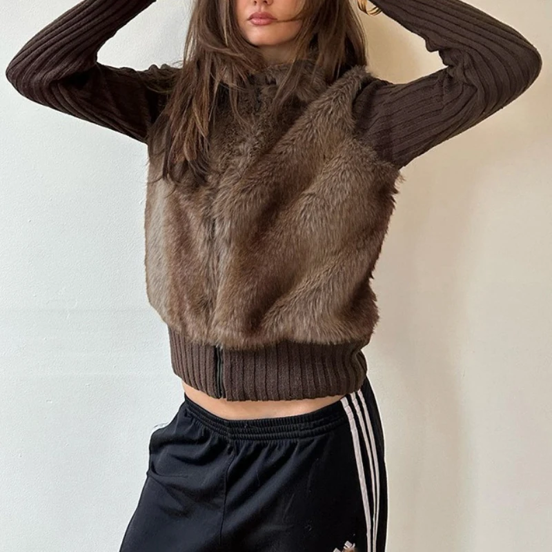 

Women's Autumn New Style Fur Splicing Fake Two-piece Zipper Long-sleeved Jacket