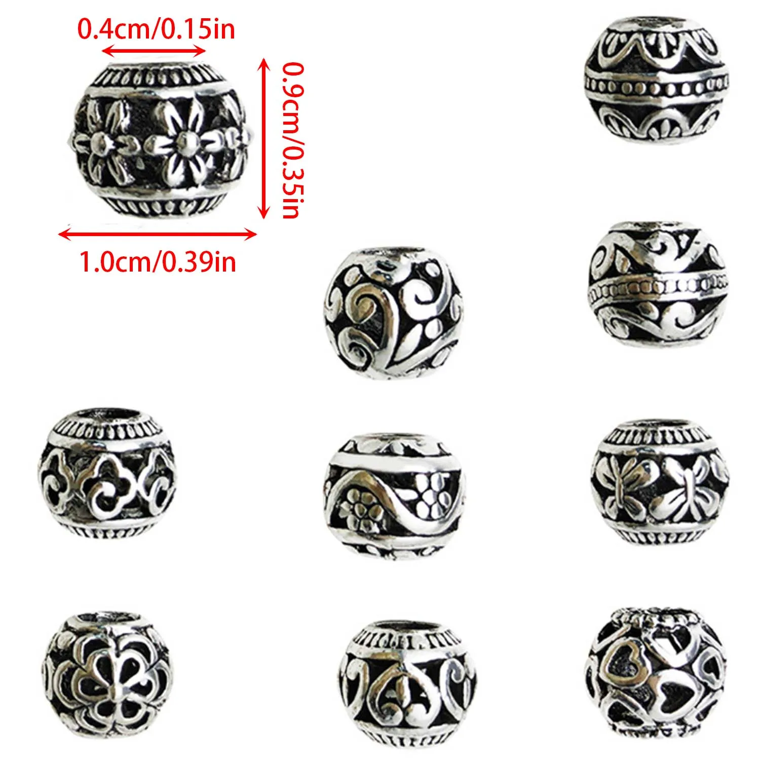 10pcs Vintage Round Large Hole Beads, Alloy Spacer Beads Loose Beads for DIY Bracelet Necklace Jewelry Making Accessories