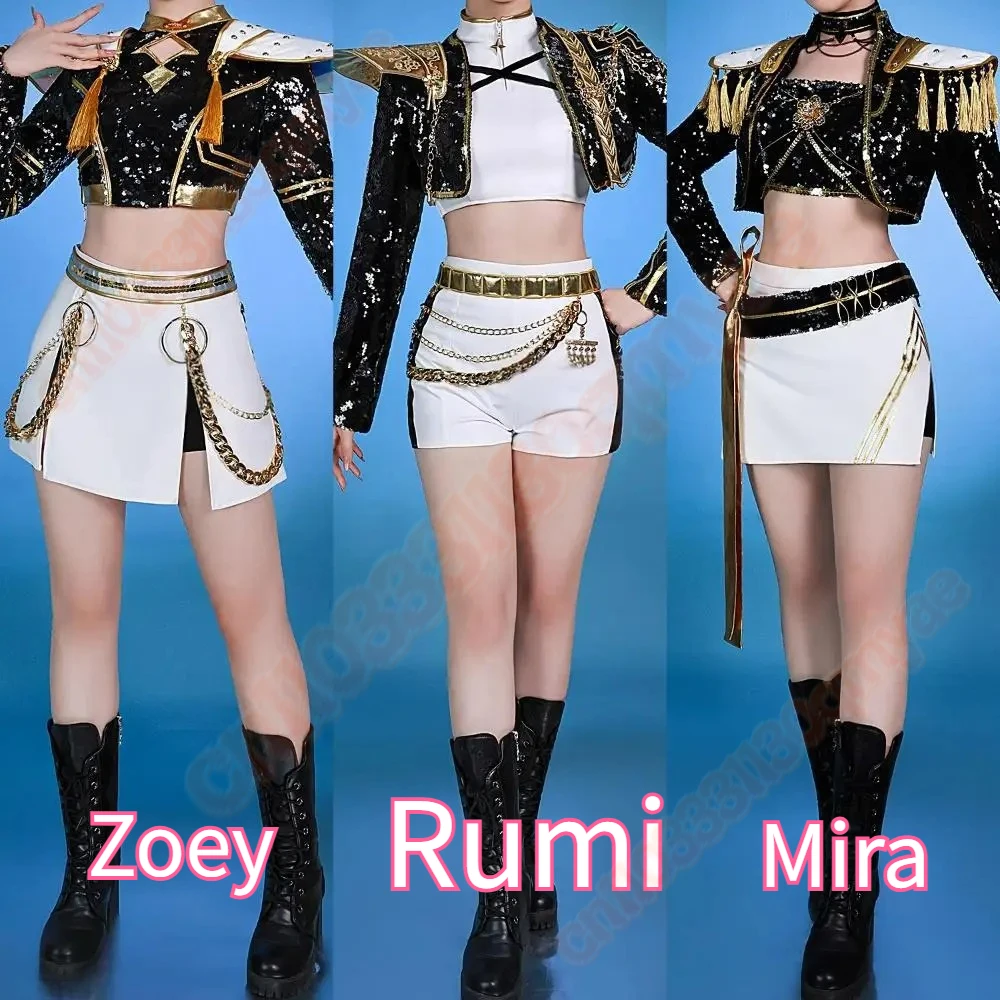 

K-POP Demon Hunters Cosplay Rumi Zoey Mira Black Stage Uniform Halloween Costumes Women Top Skirt Jacket Headwear Wig
