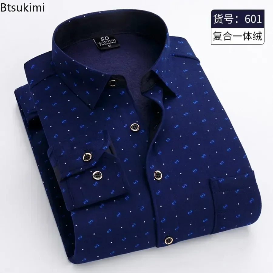 New Men\'s Business Shirts 2024 Autumn Winter Fleece Warm Shirt Man Lapel Single-breasted Long Sleeve Shirts Casual Shirt for Men