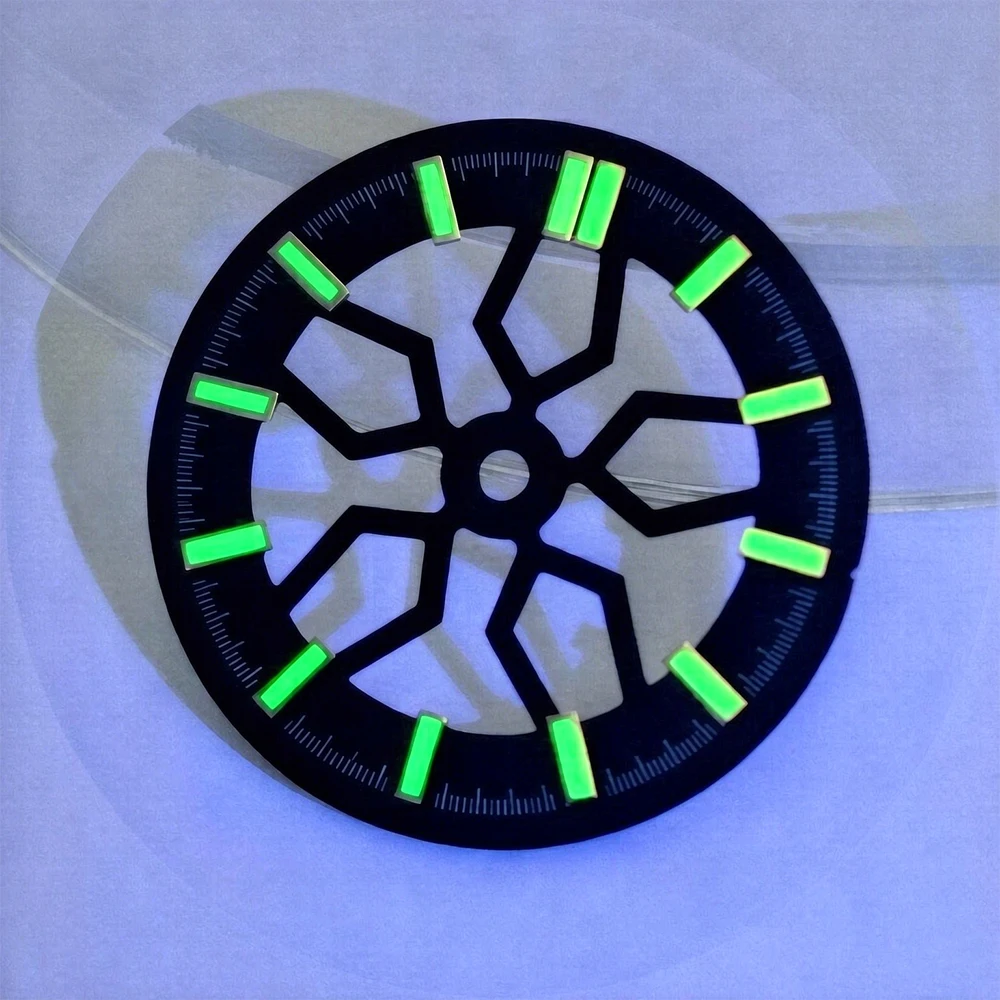 28.5mm Wheel Spoke Skeleton Watch Dial Green Lume Fit NH35 NH36 4R35 4R36 NH70 NH38 Mechanical Mod Parts No Logo Watch Accessory