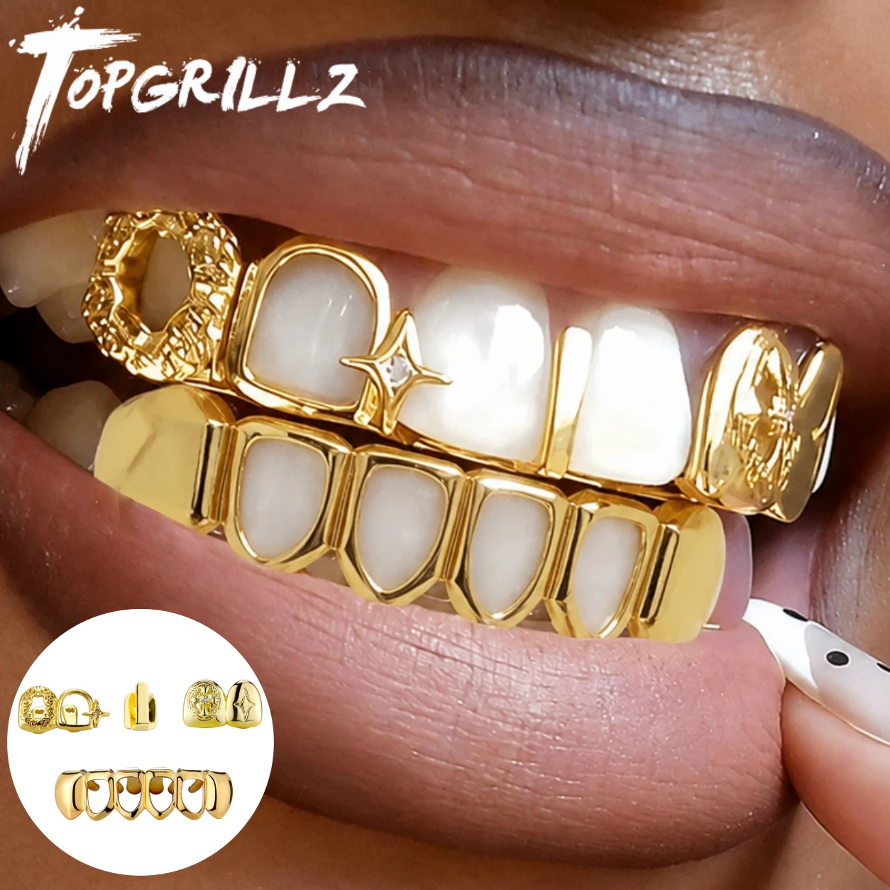 TOPGRILLZ 4Pcs Removable Hip Hop Grillz Set Hollow Cross Star Top Bottom Hollow CZ Y2K Tooth Jewelry Men Women