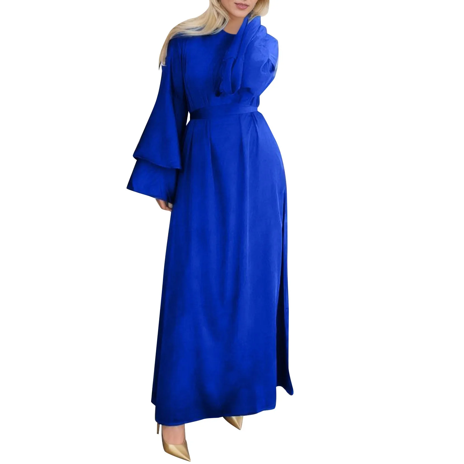 Muslim Women Dress With Belt Double Layer Flare Sleeve Split Caftan Abayas Ramadan High Waist African Dresses Islamic Clothing