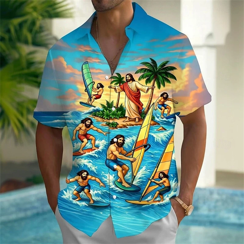 

Hawaiian Vacation Style Shirt Men Women Summer Outdoor Casual Fashion Loose Shirts Beach Playing Button Up Short Sleeve Blouse