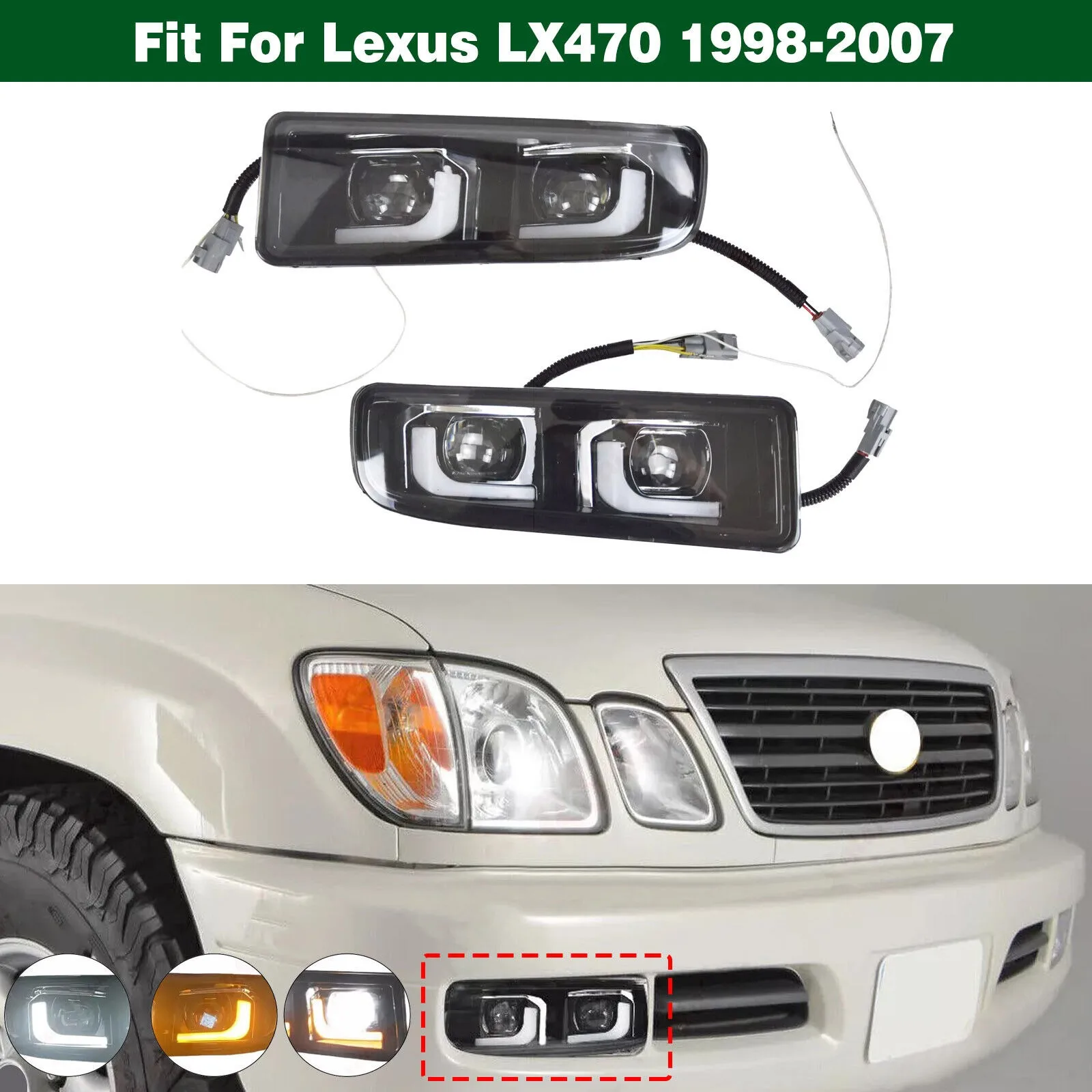 

For Lexus LX470 1998 1999 2000 2001 2002 2003-2007 LED Bumper Fog Lights Driving Lamps w/Switch and Kits Pair Set Left+Right