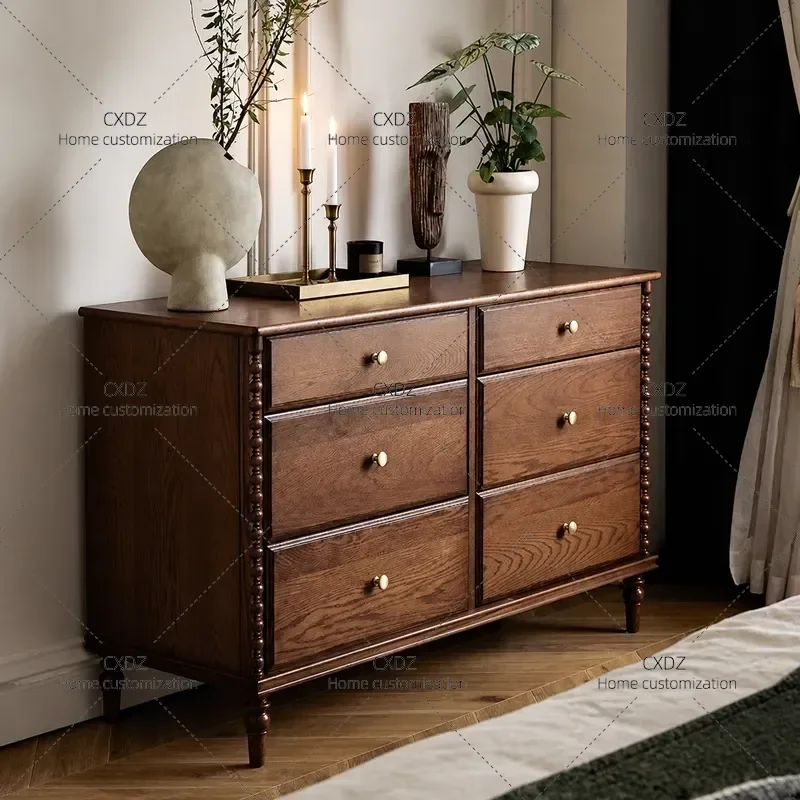 Medieval Style Solid Wood Six Drawer Chest Bedside Cabinet Bedroom Storage Dresser Integrated Nightstand Furniture
