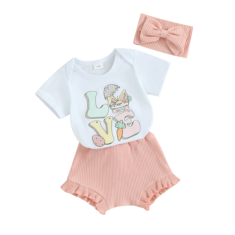 

Baby Girls Easter Shorts Sets Short Sleeve Letter Bunny Egg Print Romper Tops Ruffle PP Shorts Headband Sets