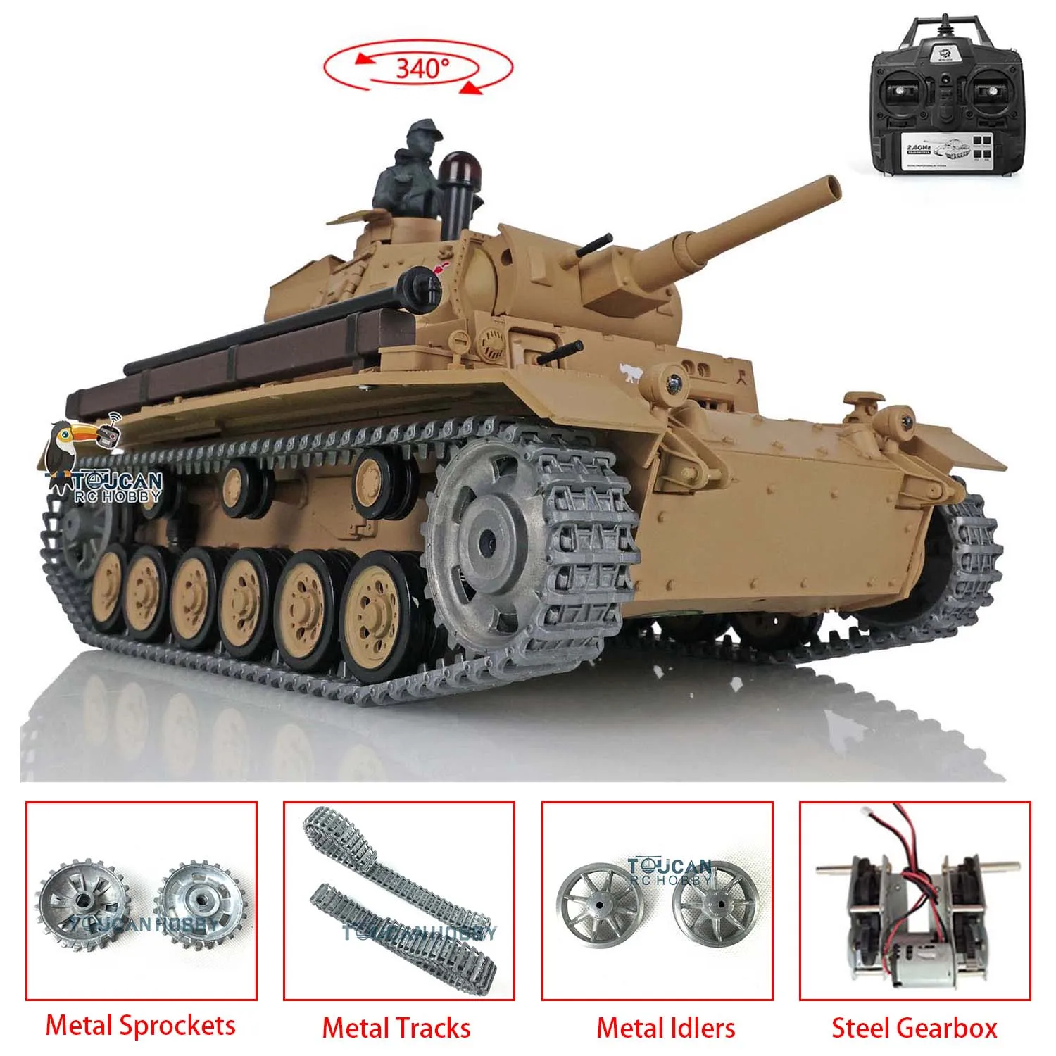 Heng Long 1/16 Scale 7.0 อัพเกรดเยอรมัน Panzer III H RTR RC Battle Tank 3849 โลหะแทร็กรถยนต์ของขวัญ TH17366