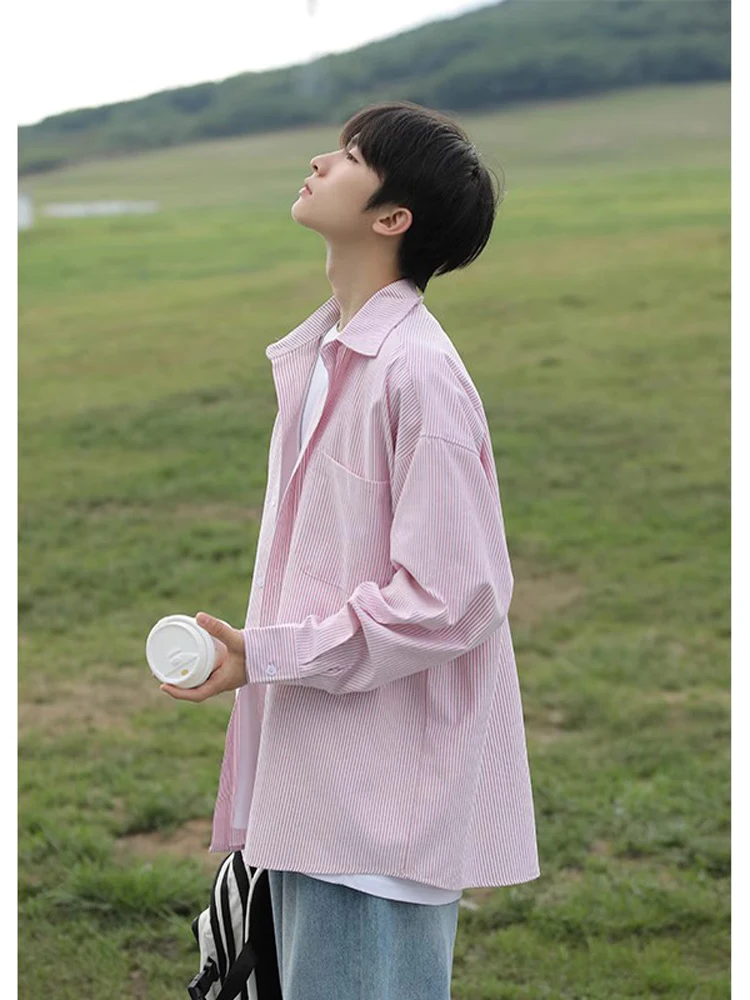 

Preppy Style Men's Pink Shirt Vertical Stripes Design Casual Fashion Autumn Loose Fit Long Sleeve No Iron Treatment