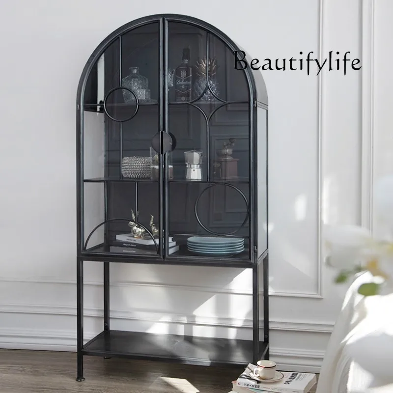 Vintage Loft Distressed Iron Art Storage Display Toy Bookcase Sideboard Cabinet round Wine Cabinet