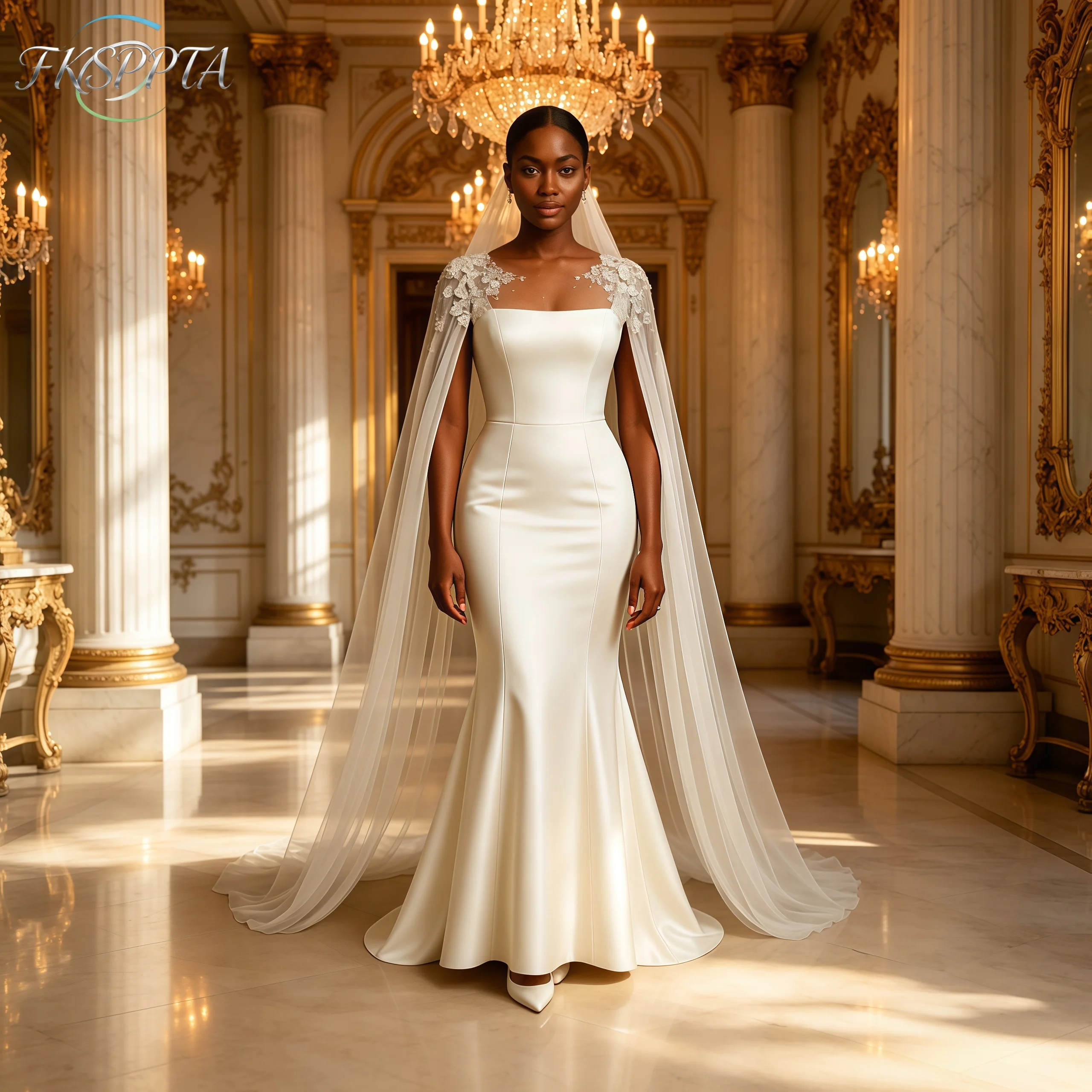 Long Satin Mermaid Wedding Dress Sheer Tulle Cape Lace Applique African Bride Wedding Party Formal Gowns Robe De Mariee