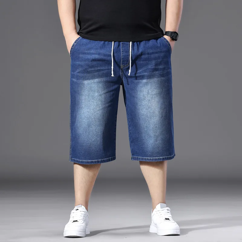 

Plus Size Mens Denim Shorts Thin Elastic Waistband Drawstring High Waist Casual Mid Length Cropped Pants Solid Color Summer 2026