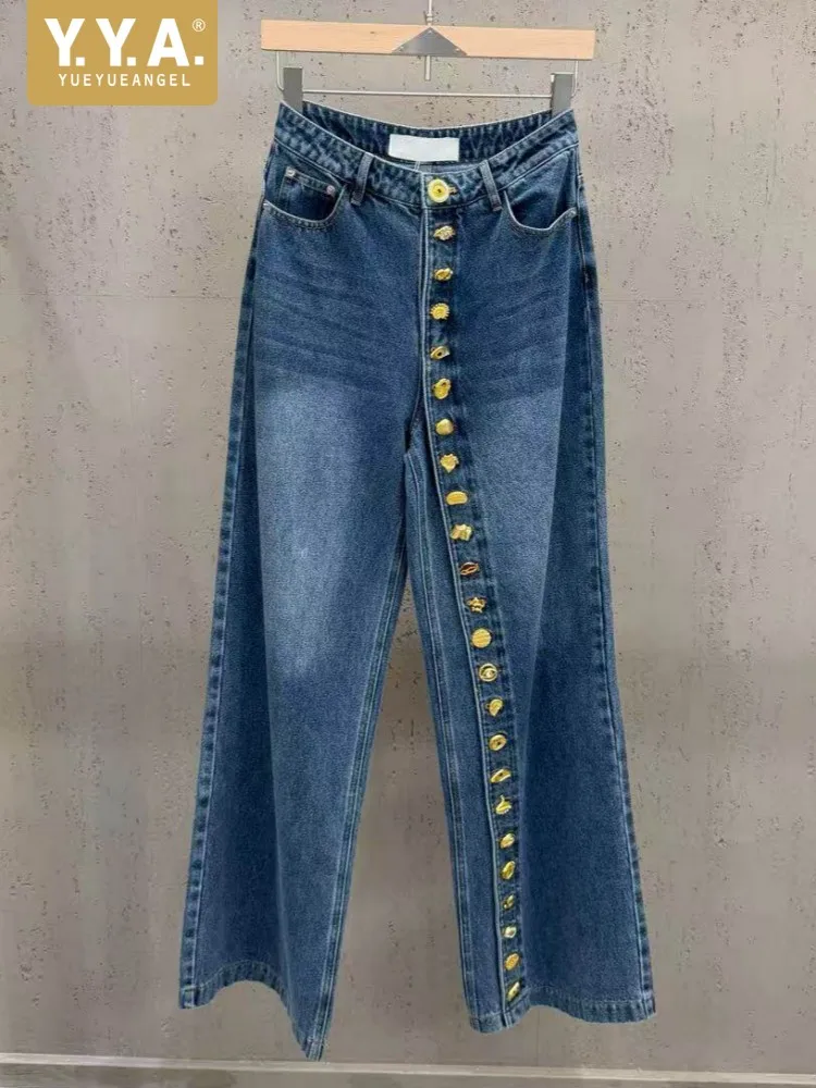 

High Street Ladies Single-Breasted Natural Waist Wide Leg Denim Pants Loose Female Pockets Trousers Women Solid Color Jeans