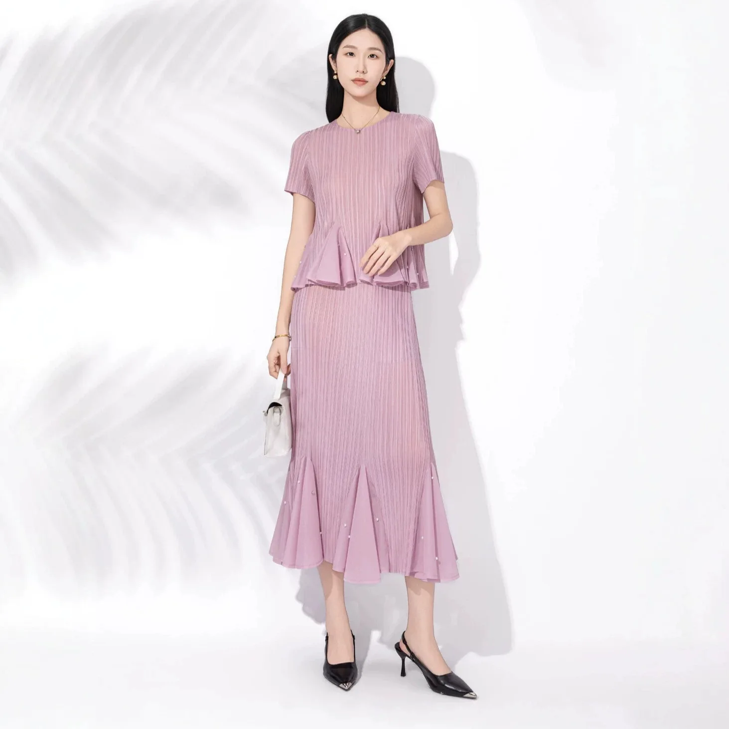 Miyake Pleated Beads Two-piece Set Women's Summer High-end Short-sleeved Ruffle Edge Top High-waisted Fishtail Skirt Set