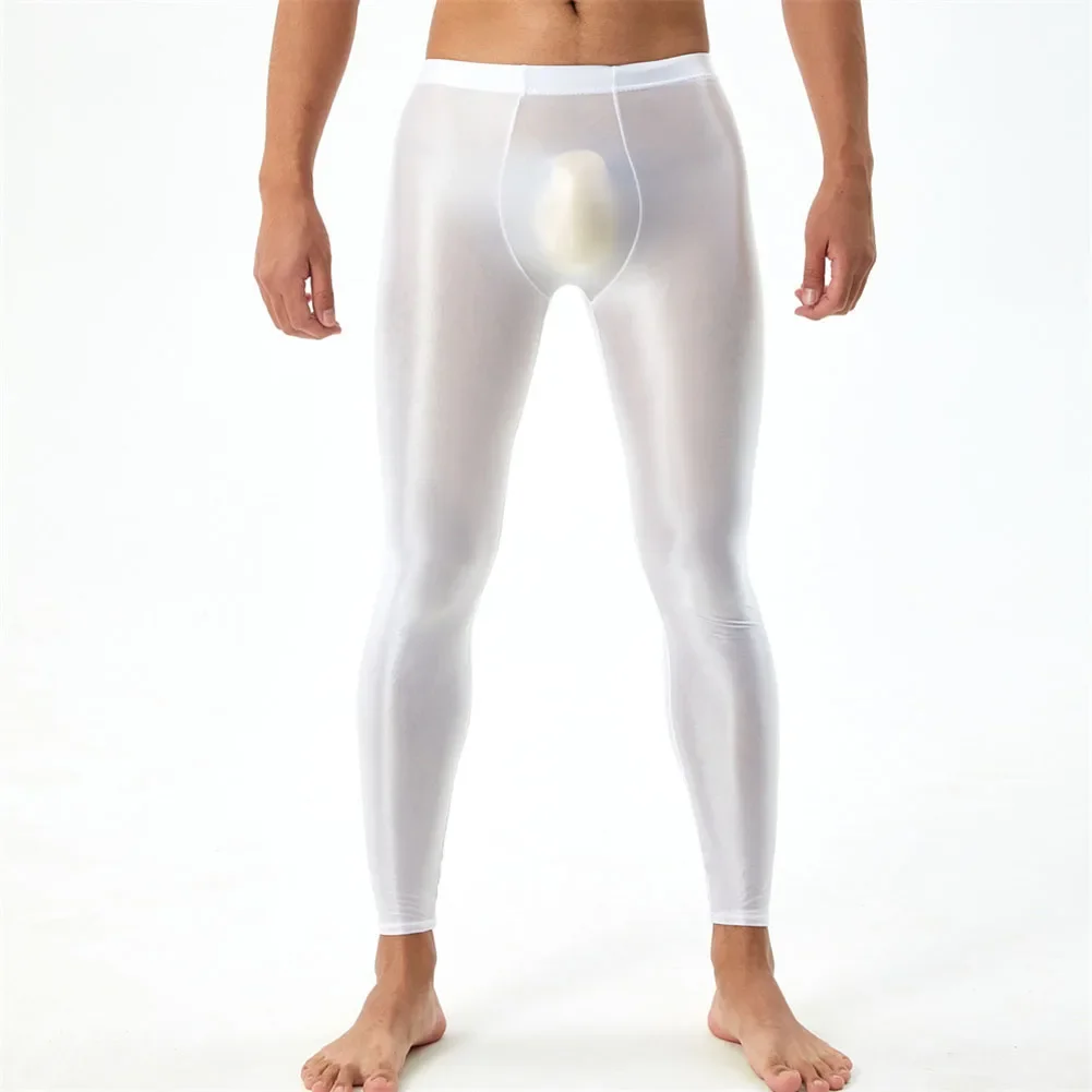 Sexy Men Leggings Sheer Long John Underwear Tight Silky Skinny Pants Ultra-thin Transparent Pantyhose Smooth Erotic Lingerie