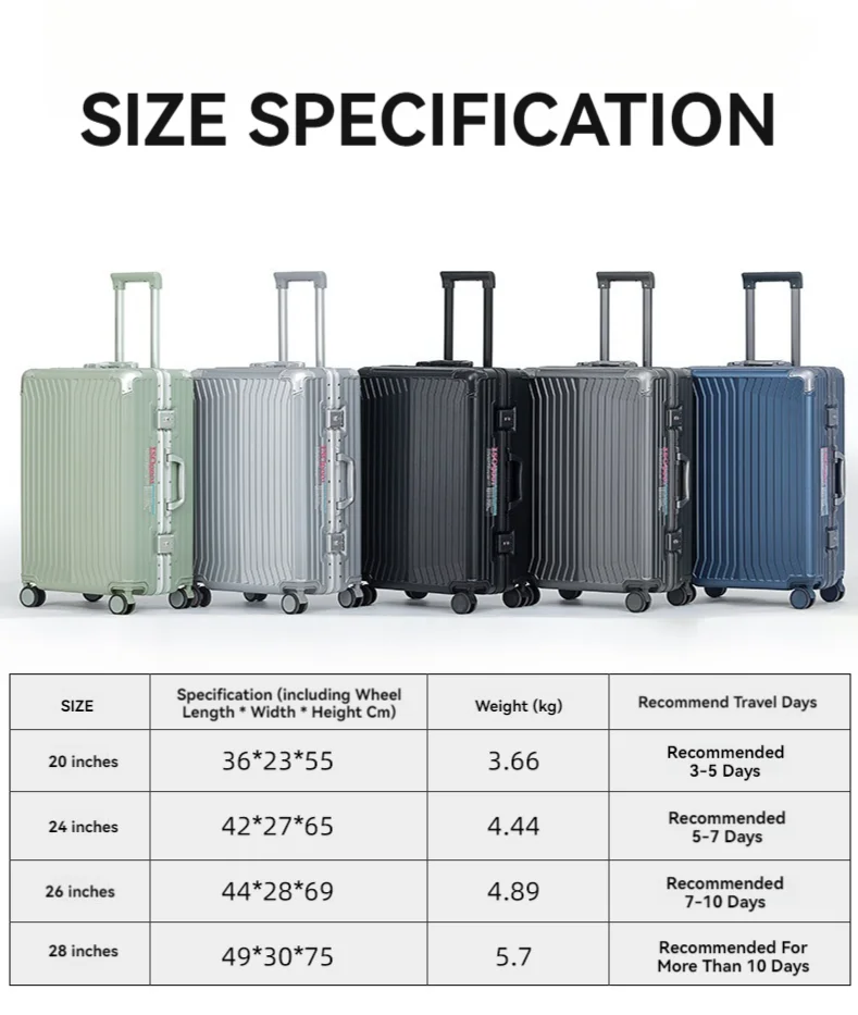 Large Capacity Durable Luggage for Men and Women, Aluminum Frame, Carry-On, Boarding, Travel,  20, 24, 26, 28