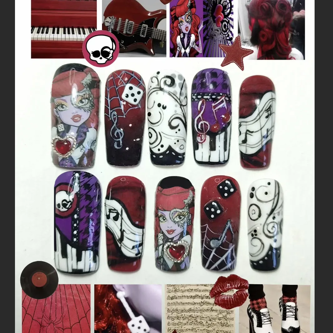 24PCS Y2k Medium Sqaure False Nails with Glue Dark Anime Girl Sweet Cool Musical Note Pattern Fake Nails for Women Wearable Nail