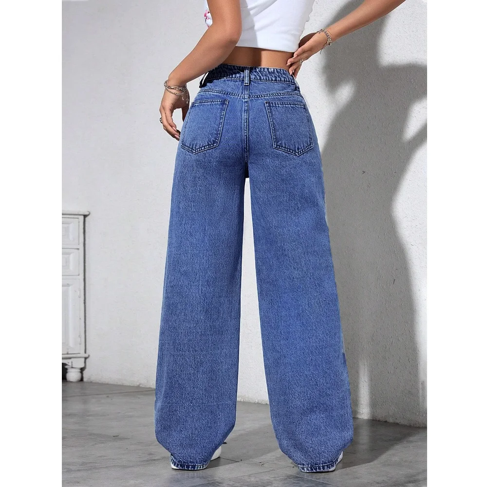 Women High Waist Denim Jeans Ladies Fashion Beading Straight Pants - Image 3