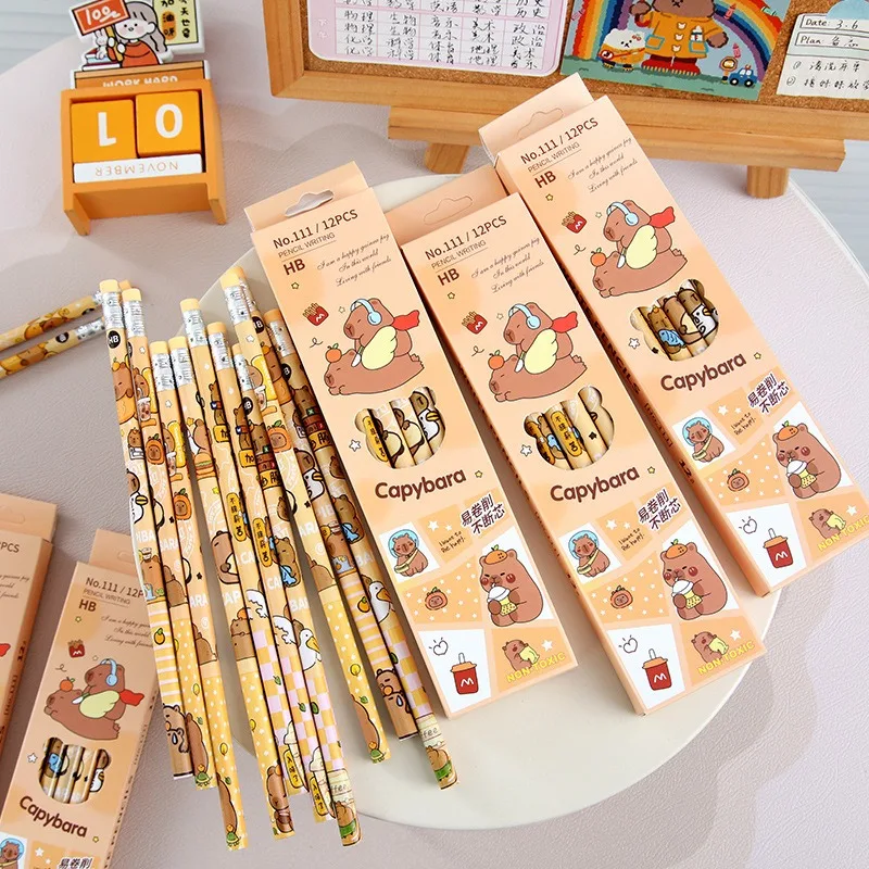 12Pcs/box Capibara Pencil with Eraser Cute Hydrochoerus Pencil Student Stationery Office School Supplies Painting Tools Gifts
