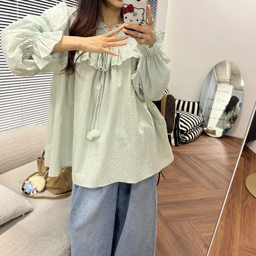 

Chic Spring New Sweet Anti-Aging Doll Collar Bubble Sve irt Women's Top Dstring Furry Ball Cuffed Sve Korean Sle