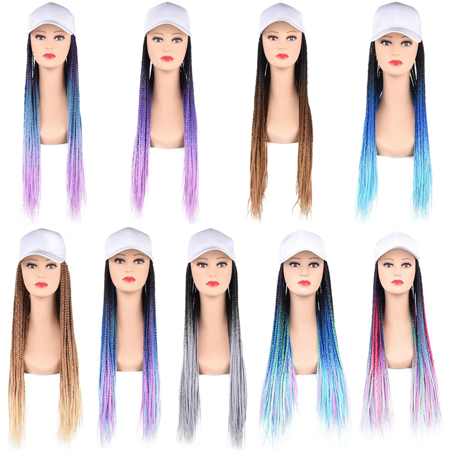 Alitomo 24 Inch Baseball Cap Hat Wig Hair with Hair Extensions Ombre Rainbow Synthetic Braided Box Braids Wigs for Black Women