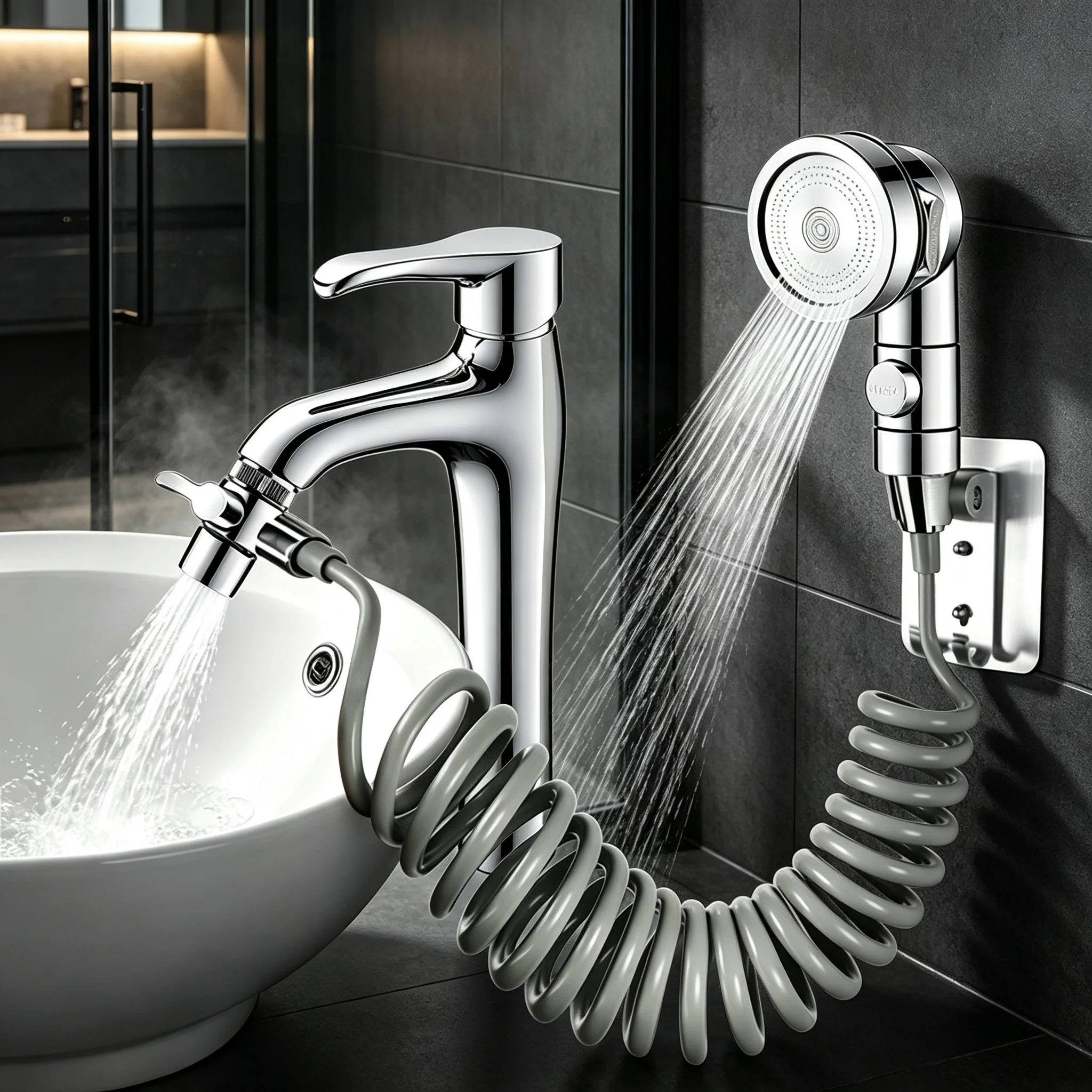 Wasserhahn-Verlängerungsset mit Spülbecken-Duschkopf, praktisches Haushaltszubehör für vielseitige Reinigungshilfe im Spülbecken.