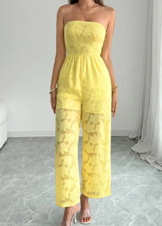 

2026 Summer New Elegant Sexy Perspective Yellow Fresh and Sweet Sleeveless Strapless Straight Pants for Women