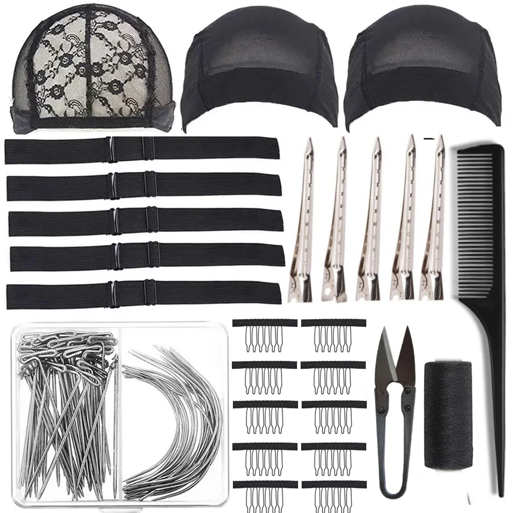 مجموعة أدوات صنع الشعر المستعار DIY ملحقات الشعر المستعار، 5 قطع شريط مرن قابل للتعديل، 3 قطع غطاء شعر مستعار شبكي على شكل قبة، مشط ومقص شعر بخيط أسود #1