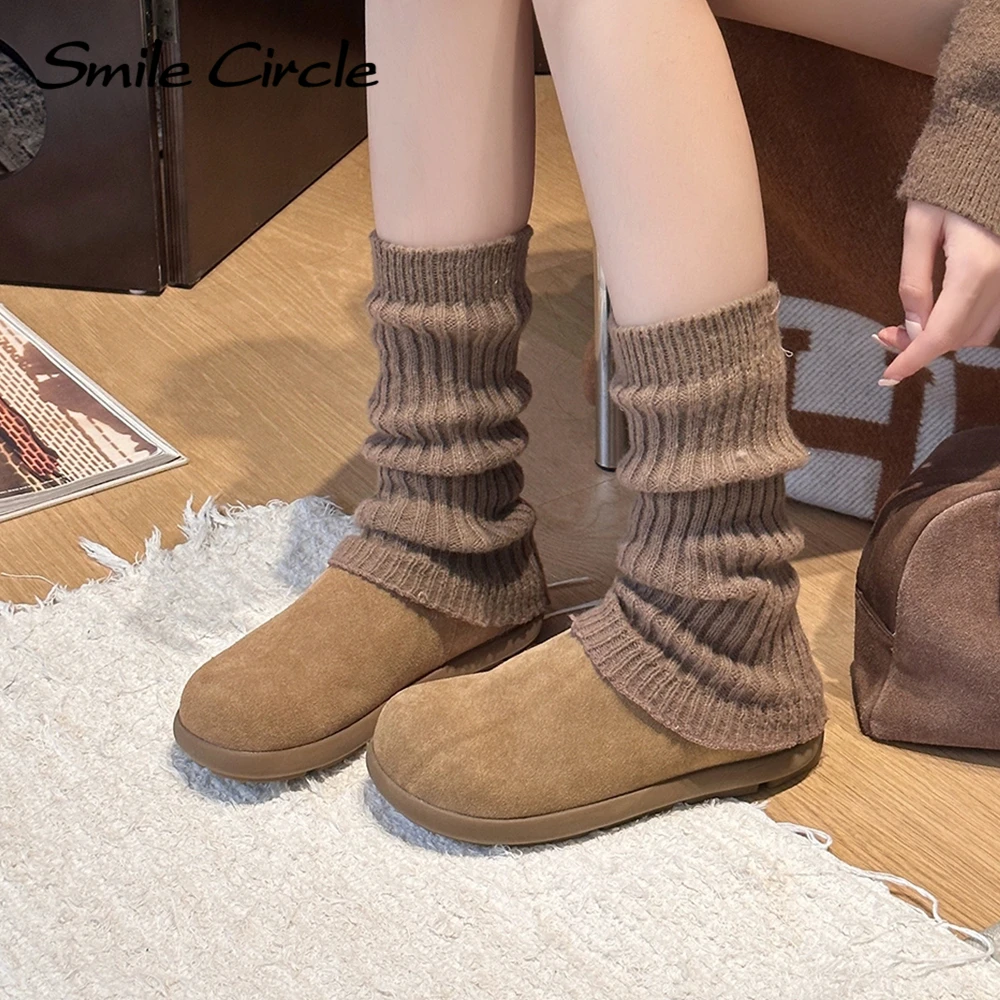 Smile Circle Women Snow Boots Suede Leather Winter Round-toe platform Boots Warm Casual Boots