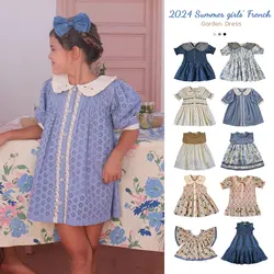 In stock! Summer 2024 children's clothing Nordic style BD series girls embroidered lapel puffy sleeve dress