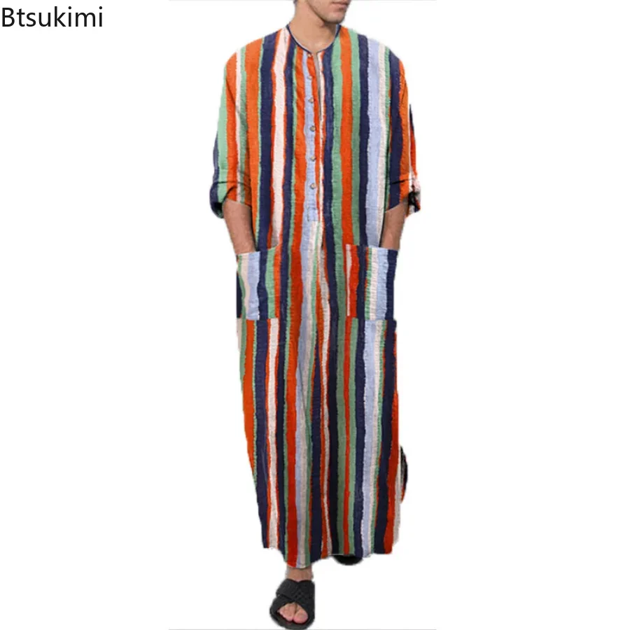 2024เสื้อผ้ามุสลิมชายAbayasผ้าฝ้ายผ้าลินินNightgownsเสื้อคลุมอาบน้ําRobe Kaftan Holiday Beach Robe ManมุสลิมKaftanอาหรับชุด