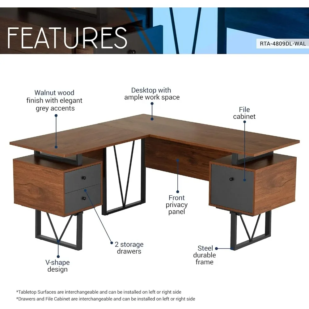 Reversible L Shaped Desk with File Cabinet and Drawers  – Modern Versatile L Shaped Office Desk with Drawers and File Cabinet