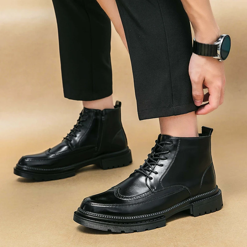 

New Leather Platform Oxfords Slip On Thick Tottom Male Derby Shoes Casual High Top Loafers Mens Square Toe Formal Dress Shoe Men