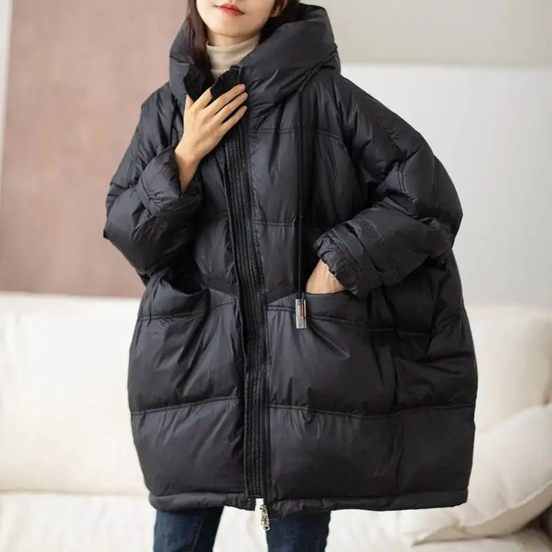 Lagabogy 2025 New Winter Women 90% White Duck Down Jacket Casual Loose Over Size Warm Parka Female Drawstring Hooded Puffer Coat
