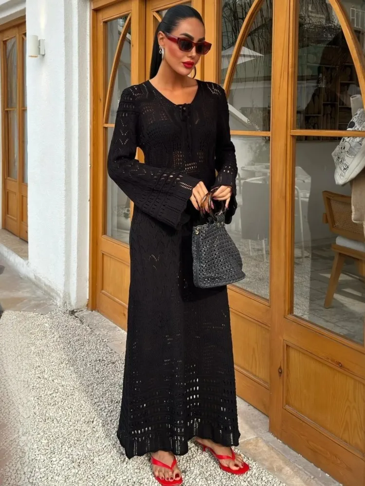 

Sexy Women Knit Beach Dress Hollow-Out V-Neck Long Sleeve Bikini Cover-Ups Dress Holiday Dress 2025 Summer Swimwear Beach