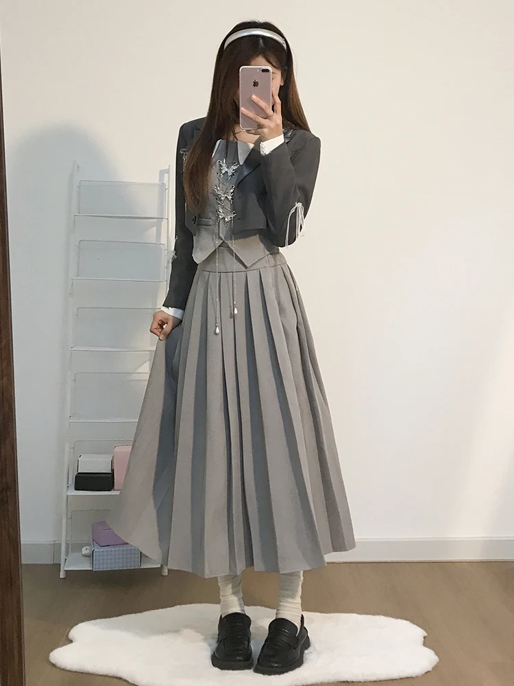 

Japanese Style Cosplay Three-Piece Set Miss Lady Women's Fashion Casual Style High Waist Short Length Pure Color Autumn
