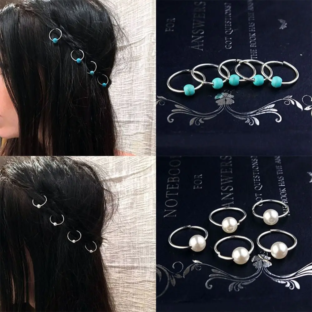 5 pcs/set Alloy Braided Hair Ring Turquoise Colorful Dread Dreadlock Beads Charms Pearl Clips Cuffs Rings Party