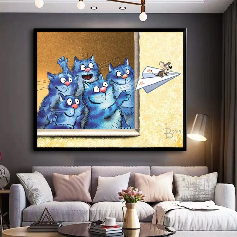 cross language Cartoon blue cat Painting by numbers Stamping paint home decor canvas painting Supernatural Gift pictures