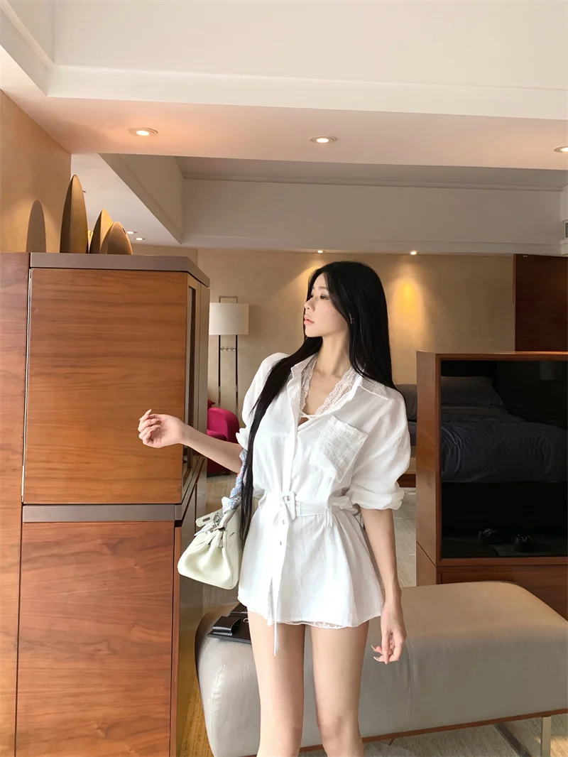 

White Collar Long Sleeve Shirt Women's Spring Medium Length Loose Fit Cardigan Outerwear Sun Protection Design Sense