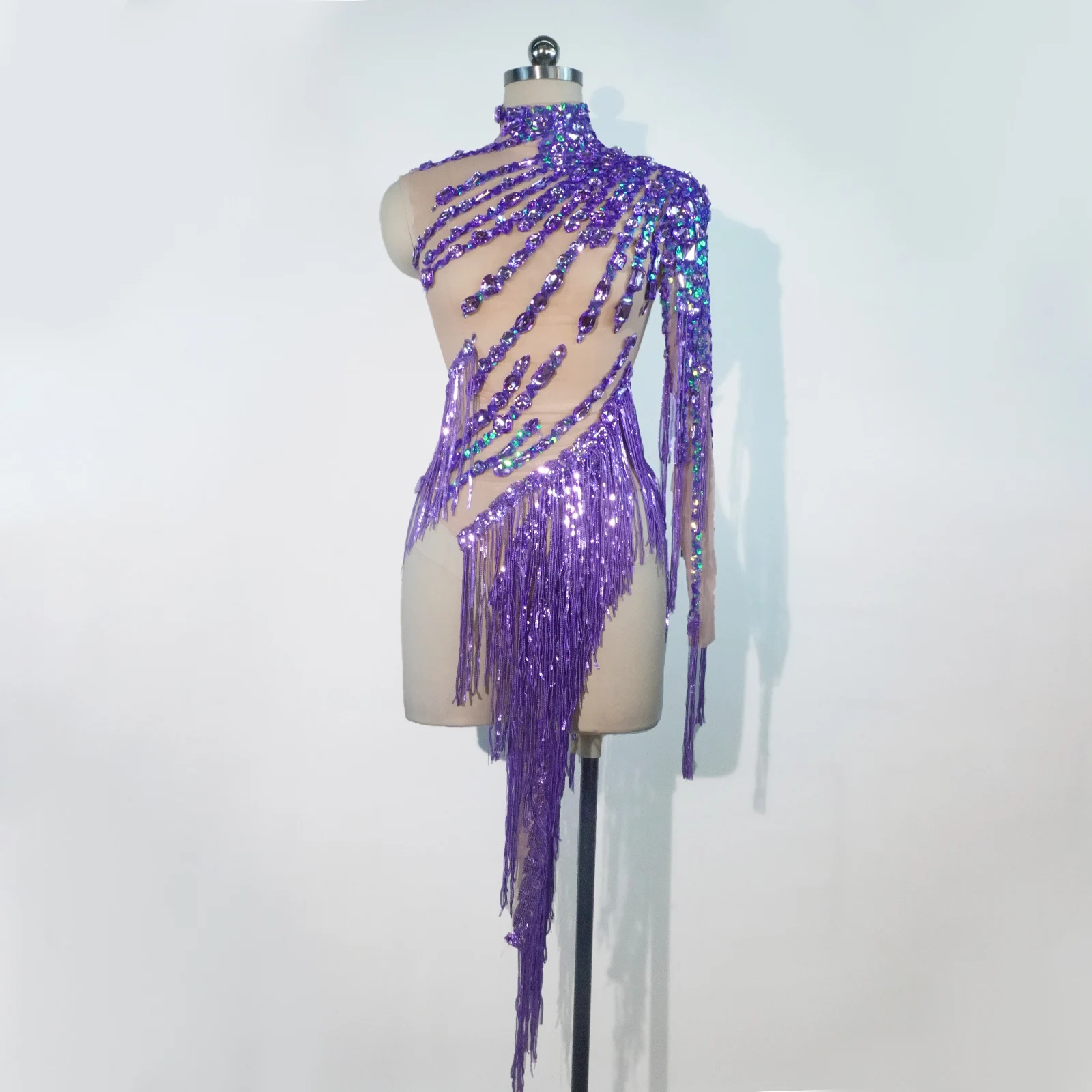 

Women Sexy Rhinestone Tassel Bodycon Dress Sleeveless Latin Dance Dress for birthday Bar Evening Performance drag queen costumes