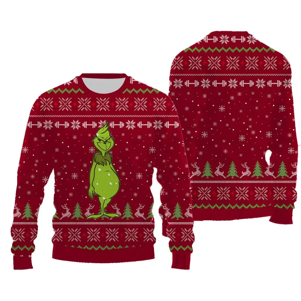 2024 New Round Neck Pullover Long Sleeves Cartoon Grinch Pattern Sweatshirt for Women Casual Female Christmas Vibe Thick Sweater