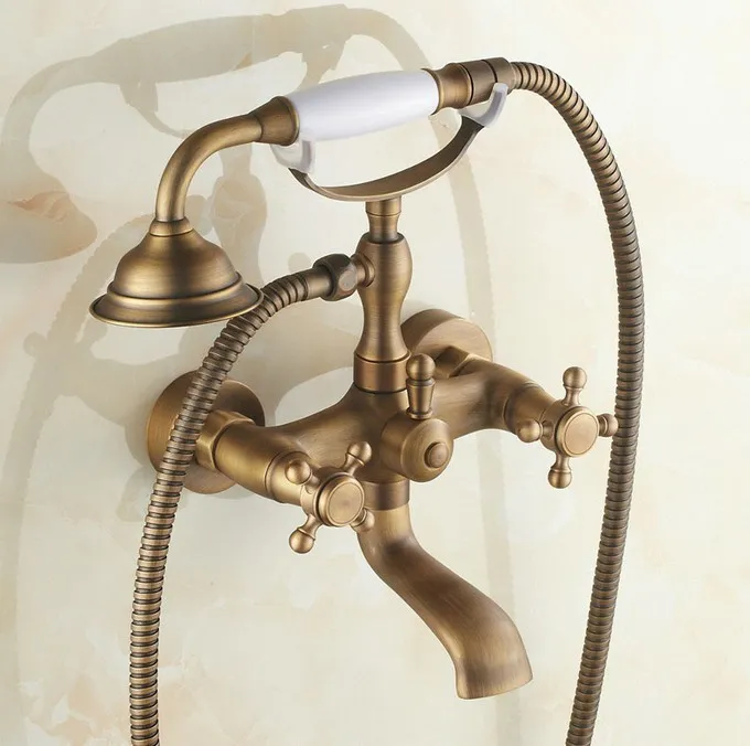 

Vintage Retro Antique Brass Double Cross Handles Wall Mounted Claw Foot Bathroom Tub Faucet Mixer Tap With Handshower mtf150