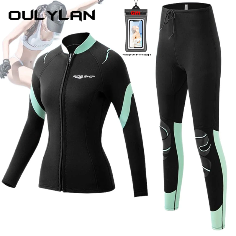 

Oulylan Women Split Surfing Diving Suit Long Sleeved Sun Protection Wetsuit 3MM Quick Drying Snorkeling Slim Fit Swimming Suit