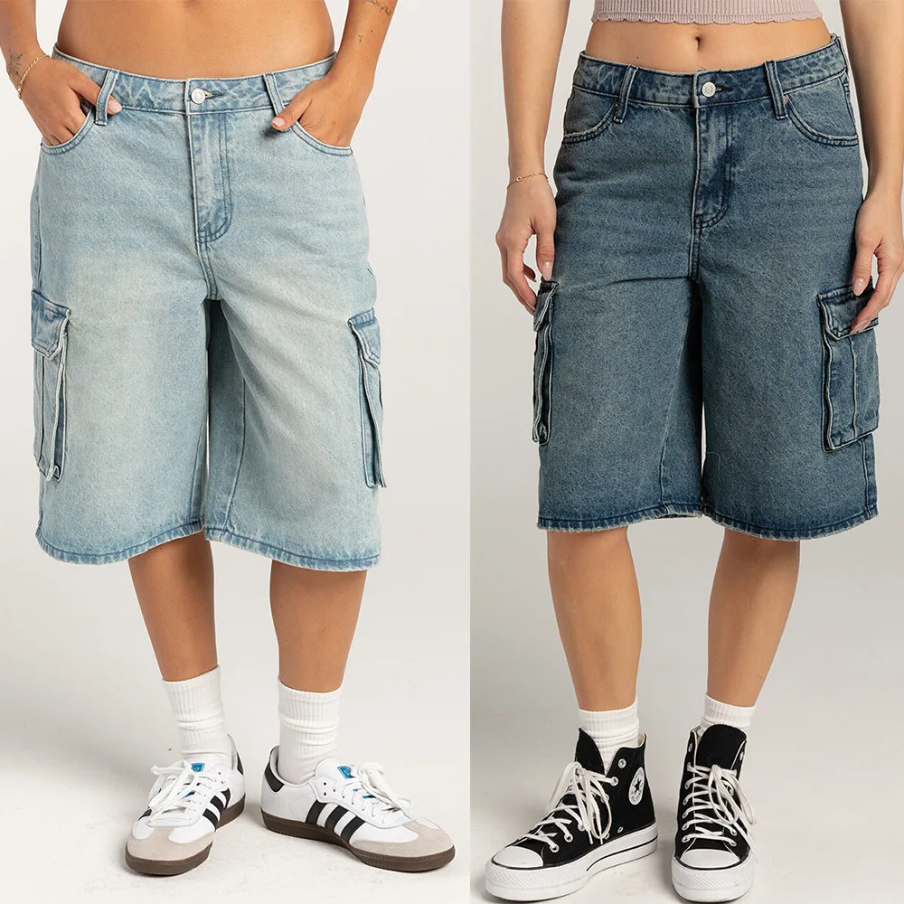 

Jeans Cargo Pants Women Vintage Straight Denims Mid Waist Multiple Pockets Washed Distressed Knee Length Trousers Streetwear